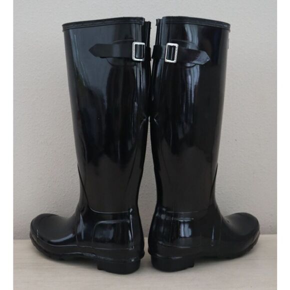 Hunter Men Sz 4 WMNs 5 Black Original Back Adjustable Gloss Tall Rain Boots - Picture 3 of 16